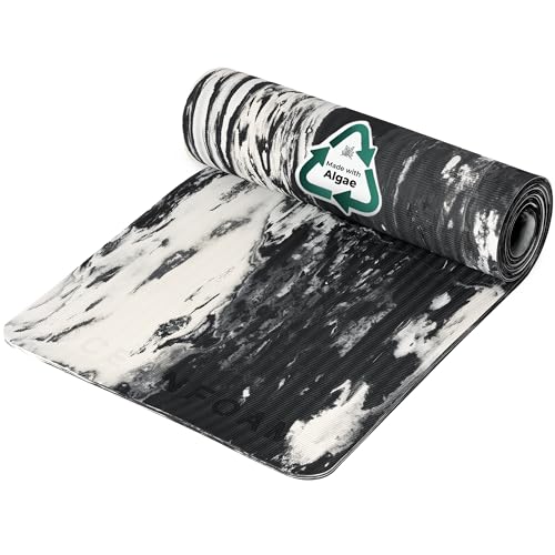 Oceanfoam Wave Workout Mat Roll – 1/2 Inch Extra Thick Exercise Mat for Yoga, Pilates, & Fitness – Non-Slip with Cotton Carrying Strap, Made with Sustainable Algae Foam – 24' x 72' (Black Marbled)