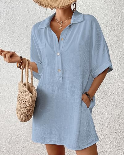 Bsubseach Cover Ups for Swimwear Women Short Sleeve Beach Swimsuit Coverup Loose Shirt Dress 2025 Vacation Outfits3
