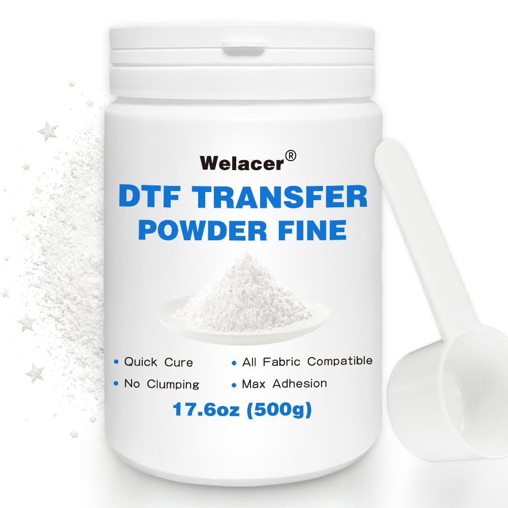 Fine DTF Powder White 17.6oz (500g), No Clumping Hot Melt Adhesive Transfer Powder for Inkjet Printer – All Fabric Compatible, Strong Adhesion, Quick Cure(0-80um)