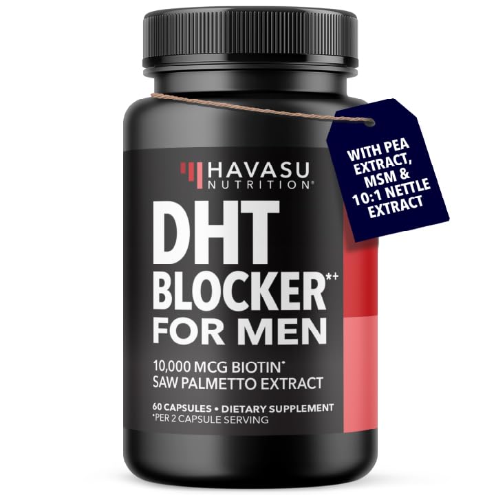 DHT Blocker for Men with Biotin 10000mcg Per Serving, Saw Palmetto Extract & MSM - Supports Normal Healthy Hair Growth - With Pea Extract & Stinging Nettle - Vegan, Non-GMO, Gluten Free - 30 Servings