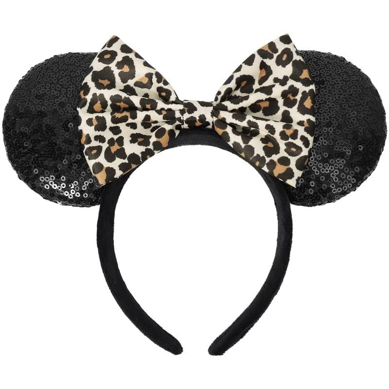  Leopard Sequin Bow Ears Headband for Women Girls Adults, Cute Costume Hairband Cosplay Accessories Party Decorations (Black)