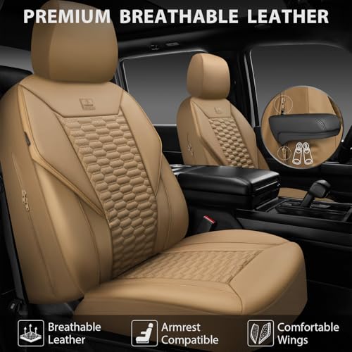 Image of CAR PASS 3D Foam PU Leather Car Seat Covers Full Set,Tan Breathable Faux Leather Seat Covers for Car,Anti Slip Universal Fit for SUVs Vans Sedan Truck Automotive,Armrest Airbag Compatible All Beige