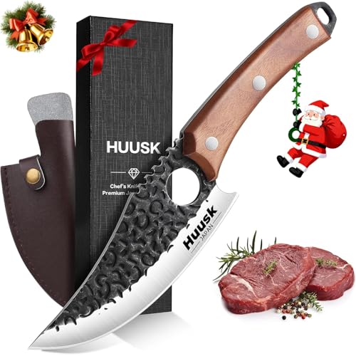 Huusk Viking Knife with Sheath - Hand Forged Butcher Knife for Meat Cutting - High Carbon Steel Meat Kitchen Knives- Multipurpose Japanese Chef Knives for Camping
