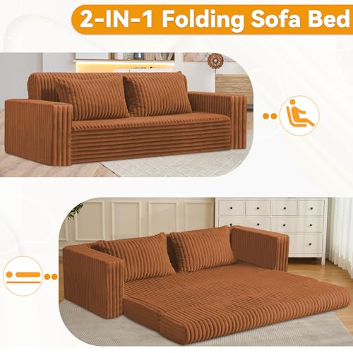 Image of HABUTWAY 78 inch Loveseat Boneless Couch, 4-in-1 Convertible Sofa Bed, Plush Fur Folding Futon Sofa Bed Couches with 2 Pillows for Living Room, High-Density Foam Support, No Assembly Required, Orange