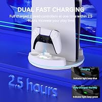 NEWDERY für PS5 /PS5 Slim /PS5 Pro Ständer, Dual-Controller-Ladestation mit RGB-Licht für PlayStation 5, Vertikaler Ständer für PlayStation 5 Digital/Disc-Konsole, Weiß – Ansicht 3