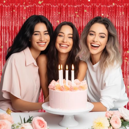 Image of DECOCKRAT 3 Pack Foil Fringe Backdrop - Red Shiny Tinsel Curtains for Party Decoration /Photo Booth Props - 3.3x8.2 FT Metallic Foil Backdrop for Birthday, Wedding, Graduation, Christmas.