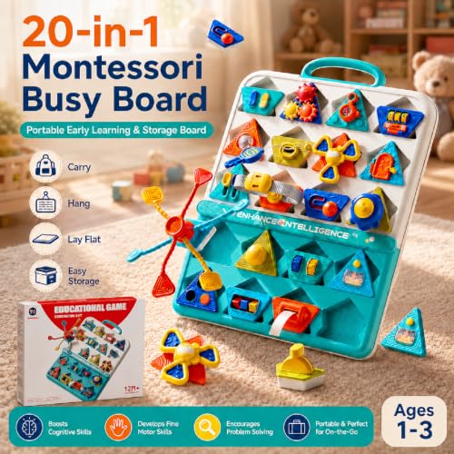 Image of Montessori Detachable Busy Board for Toddlers, 20 Ways Sensory Activity Board, Fine Motor Shape Matching Puzzle, Portable Early Learning Travel Toy Gift for 1-3 Year Old Boys Girls