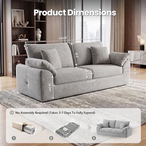 Image of 89.8 inch Modern Loveseat Sofa for Living Room, Cloud Boneless Couches with 4 Pillows, Mid Century Loveseat couches for Small Place, No Assembly Required, Light Grey
