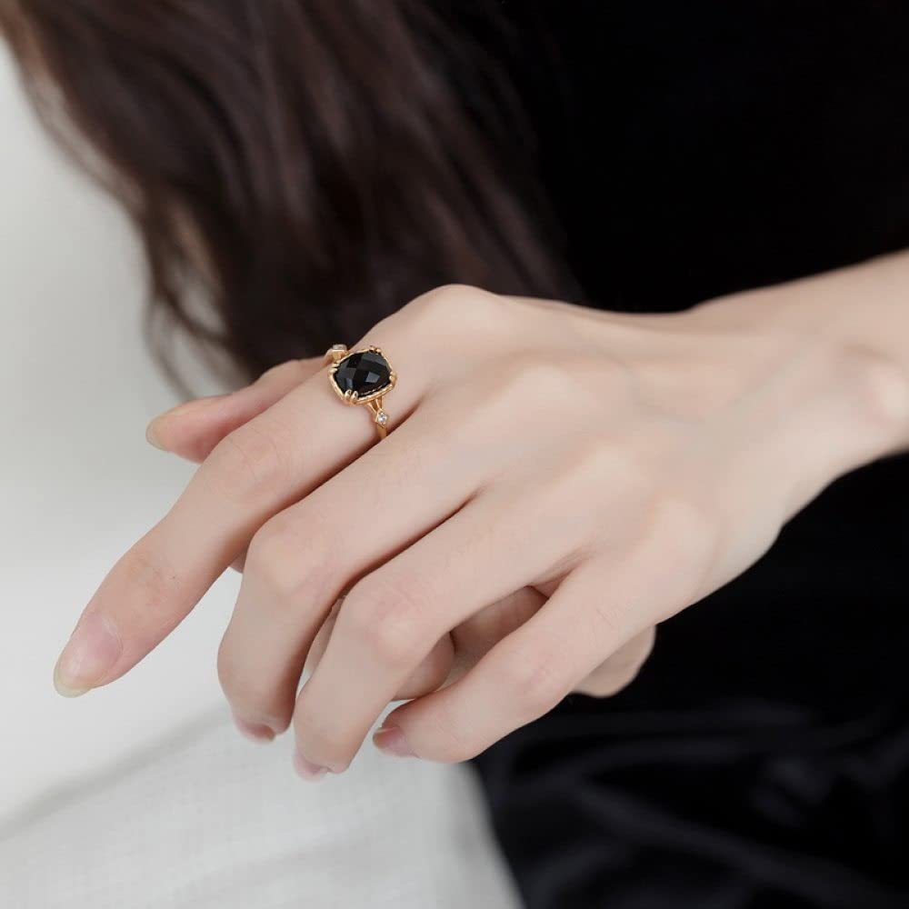 Anello In Argento 925 Da Donna,Anelli Sfaccettati Regolabili Per Donna Quadrato Nero Onice Argento Sterling 925 Micro Pavé Zircone Retro Placcato Oro 7 Chakra Anelli Di Promessa Per Ragazze Signore