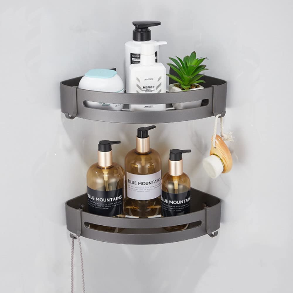 Estante de esquina para ducha gris y estantes angulares de pared para baño pequeño
