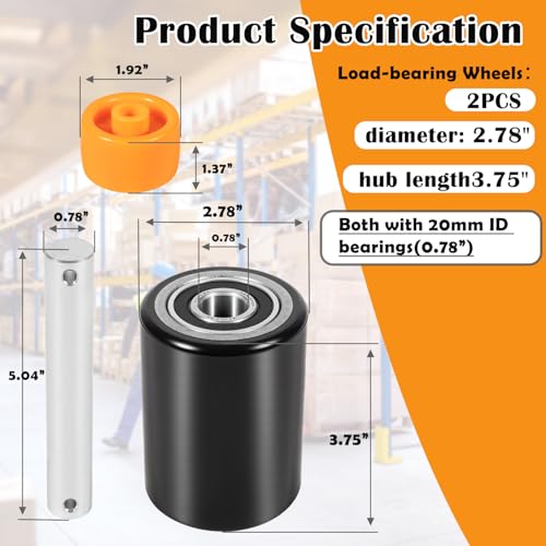 Image of Fit for Crown PTH50 Pallet Jack Front Load Wheels Replacement Kit, Pair Front Load Roller(2.78 inch x 3.75 inch), with Pre-Installed Bearings, Axles, 20mm ID Poly Tread, Pins and Install Tool Kit