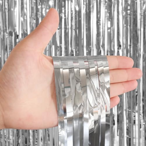 Image of 2 Pack Fringe Curtains Backdrops, Foil Fringe Curtains, Door Streamers for Birthday Wedding Bridal Shower Holiday Graduation Party Decorations, Photo Booth Backdrops, Silver