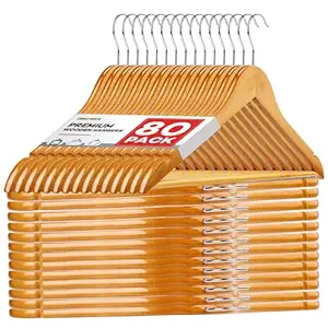 Wooden Hangers 80 Pack,Wood Hangers for Coats, Suits, Jackets, Closet & Pants Durable Premium Wood Hangers with 360-Degree Rotatable Hook and Notches, Natural
