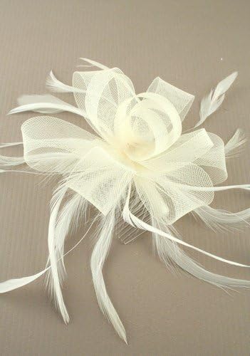 Hair Accessories - Bridal Large Looped Cream Net Ribbon and Feather Fascinator on a Clear Comb