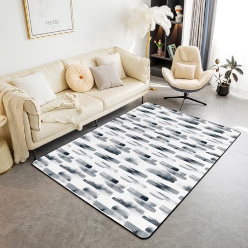 Homewish Alfombras de área en blanco y negro de 150 x 200 cm para dormitorio, sala de estar, alfombra moderna de arte gris a rayas abstractas - Alfombras grandes de graffiti - Estética de tinta