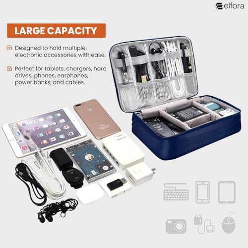 Image of Elfora Electronics Cable Organizer Bag | Portable Travel Accessory Case for Cables, Charger, Phone, Cords & Earphones | Single Compartment Storage Pouch with Mesh Pockets and Handle Carry Strap (Blue)