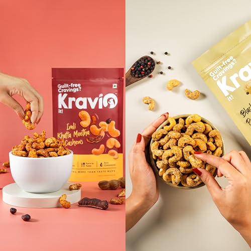 Image of Kravio Premium Black Pepper & Imli Khatta Meetha Roasted Cashew Nuts (2 X 200g) | Zero Cholesterol Natural Jumbo Size Whole Kaju Nuts & Dry Fruits | Rich in Protein, Crunchy Delicious Healthy Snacks
