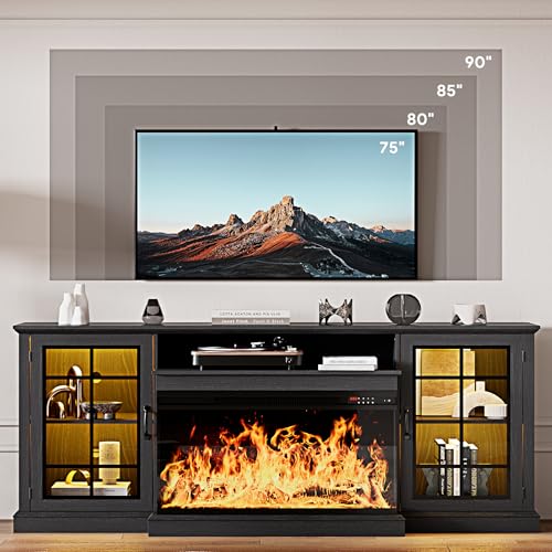 Image of MXV 80'' Fireplace TV Stand, Farmhouse Entertainment Center with 3 Sided Glass TV Stand, Modern Media Console Table with Storage Drawers & Cabinets with LED Flame and Lights for Living Room, Black