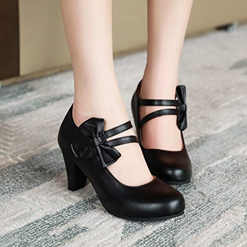 Elbslutt Women's Sweet Chunky Mary Janes Heels Bow Hook Loop Cute High Block Heel Ankle Strap Pumps Dress Shoes2