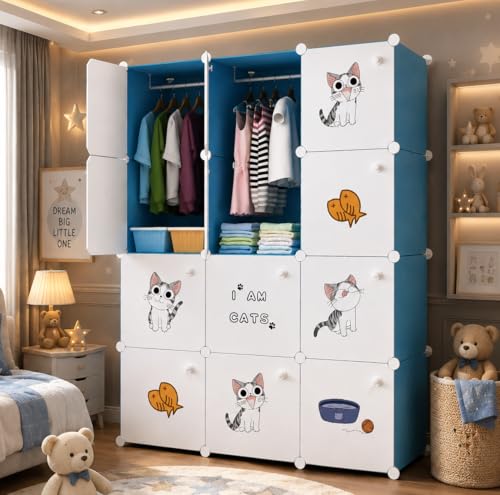 Image of Mevigo Foldable Plastic Wardrobe for Clothes - 12- Door Baby Cupboard for Clothes Storage, Wardrobe for Kids, Plastic Almirah, Collapsible Wardrobe for Kids Livingroom & Home (Blue-KTG2, 12- Door)