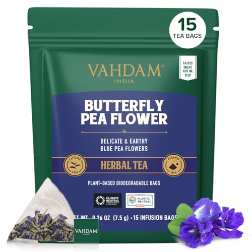 Image of VAHDAM, Butterfly Pea Flower (15 Pyramid Bags) Vegan, Non-GMO | Delicate & Earthy | Direct From Source - Plant-Based Biodegradable | Brew Iced Tea, Cooking, Mocktails & Cocktails