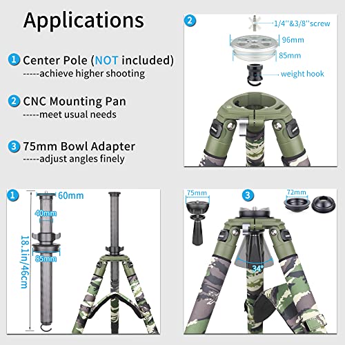 Image of Carbon Fiber Bowl Tripod-INNOREL RT90CG Heavy Duty Bowl Tripod with 75mm Bowl Adapter 40mm Leg Tube Ultra Stable Professional Camera Tripod Max Load 88lb /40kg Green Camouflage Sleeve
