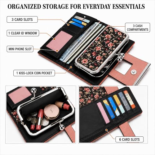 Image of Floral Wallet for Women, Vintage Kiss-Lock Clutch Purse | 10 Card Slots, Full-Length Bill Compartment and Organized Storage,Secure Kiss-Lock Closure, Vintage PU Leather Gift Box