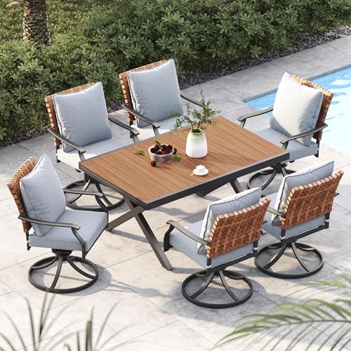 Image of Grand patio 7-Piece Outdoor Dining Set, 6 Leather-Look Wicker Swivel Patio Chairs & 1 Extendable Rectangular Dining Table, Brown