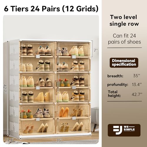 Image of 24 Pairs Shoes Storage Cabinet of 3-Step Fast Installation,Plastic Shoe Box with Clear Magnetic Door for Display, Shoe Organizer for Sneaker, Sandals, Heels (2 Row, 6 Tier)
