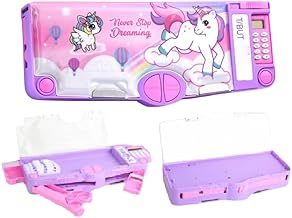 Unicorn Magnetic Multifunctional Pencil Box with Calculator Cute Cartoon Stationary Compass for Girls Geometry Kids Include Calculator-Scissor-Ruler-Eraser-Sharpener Gift School