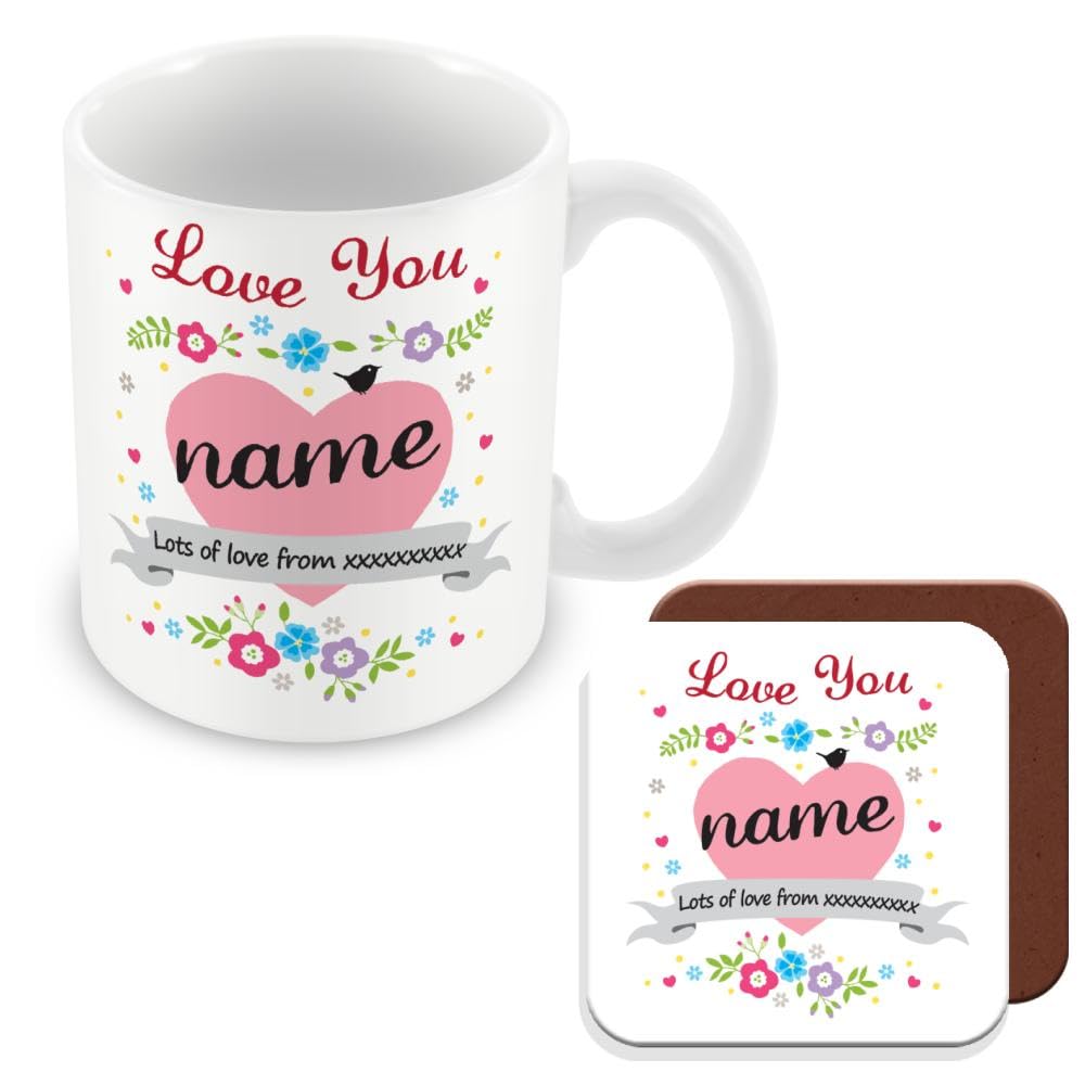 MUGGZ Personalised – Mug & Coaster Giftset - Nanna Nan Nannie Gran Grandma Auntie Neice or Any Name or Add Any Name - Add Custom Text - Love Heart & Flowers Design