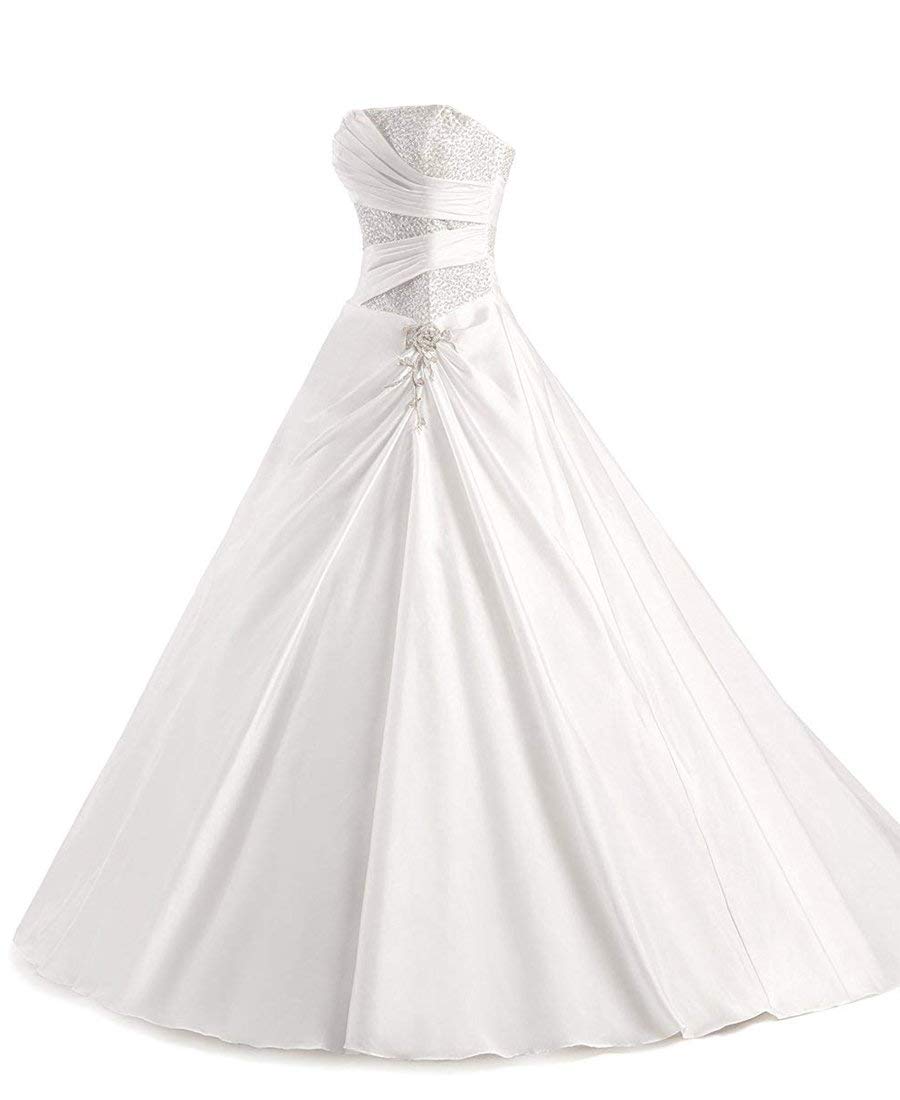 Romantic-Fashion Brautkleid Hochzeitskleid A-Linie Lang Satin Trägerlos Perlen Pailletten, LNNLSS, Weiß, 36