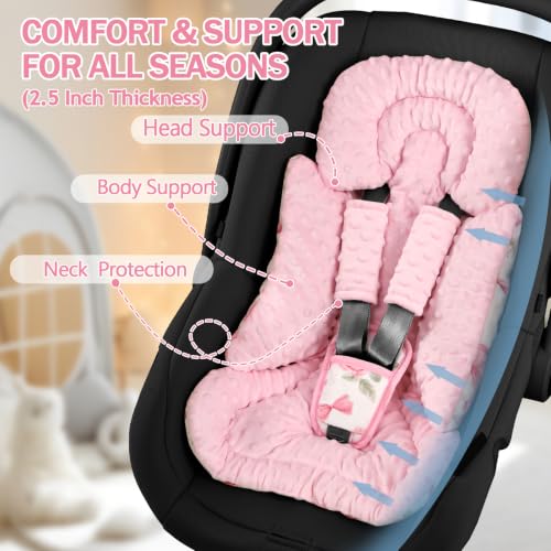 Image of Infant Car Seat Insert Boy Girl, 3 in 1 Newborn Carseat Insert with Strap Pads, Car Seat Head Support for Baby Strollers, Swings, and Bouncers, Comfortable and Machine Washable, Pink Rose