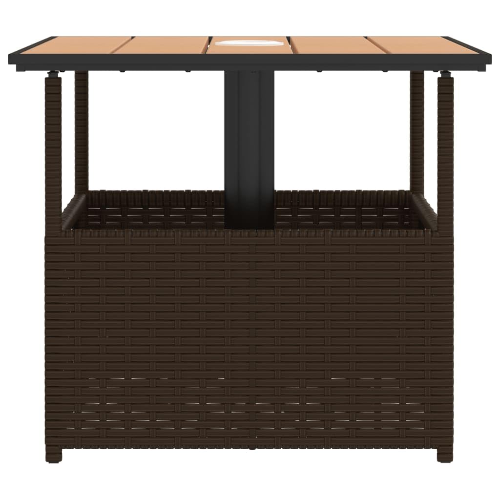 Tavolo da giardino con foro per ombrellone, marrone, 55 x 55 x 46,5 cm, in polyrattan, resistente ai raggi UV, telaio in acciaio verniciato a polvere, piano in legno di acacia, salvaspazio