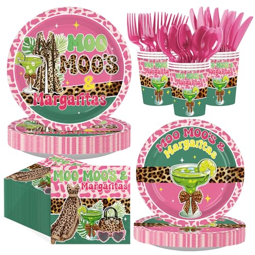 Greencian 168 Pcs Moo Moos and Margaritas Party Decorations Margarita Plates Napkins Cups Forks Knives Spoons Moo Moos Style Tableware Set for Lady Night Bridal Shower Summer Party Supplies Serves 24
