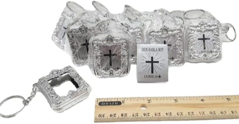 CL Gift - 12 mini llaveros de la Biblia en inglés español, oro, plata, para recuerdo religioso, bautismo, primeras comuniones, bautismo, despedida