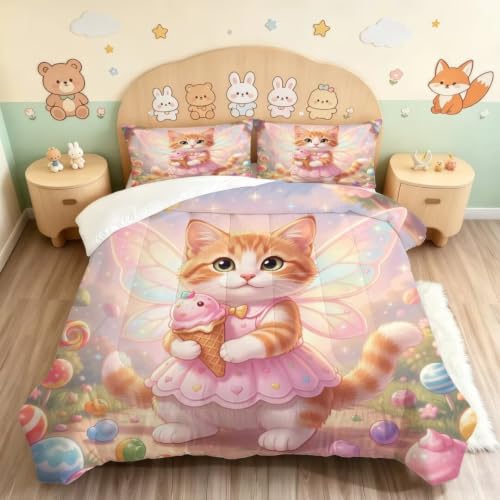Image of Cute Cat Comforter Set King Size Pink Fantasy Bedding Set for Girl | Cartoon Kitten with Wings Bedding Set for Girls Kids Toddlers, 3 Piece Pink Soft Bed Set with 1 Comforter 2 Pillowcases