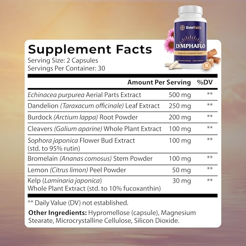 EVERFAITH LymphaFlo - Lymphatic Drainage Supplement - Lymph System Support - with Bromelain, Echinacea, Dandelion, Burdock Root, Lemon Powder & More - Vegetarian, Gluten Free, Non-GMO - 60 Capsules - Thumbnail 2