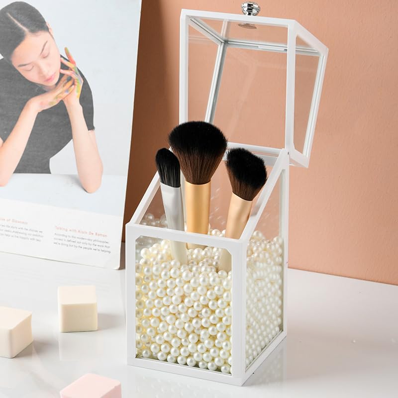 London Boutique Luxury Glass Makeup Brush Holder with Pearl Beads, 21cm Height, Dustproof Lid, Available in White/Black/Green (White) - Image 3