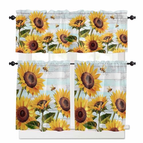 Sunflower Bee Kitchen Curtains 24 Inch Length, 3 Piece Rod Pocket Small Half Tiers and Valance Set, Blue Striped Spring Farm Botanical Art Small Large Window Treatment Decor for Bedroom/Bathroom Sink