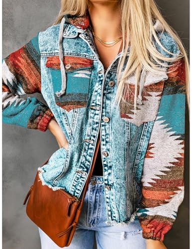 Perbai Women's Hooded Aztec Denim Jacket Distressed Button Down Jean Shacket with Hood3