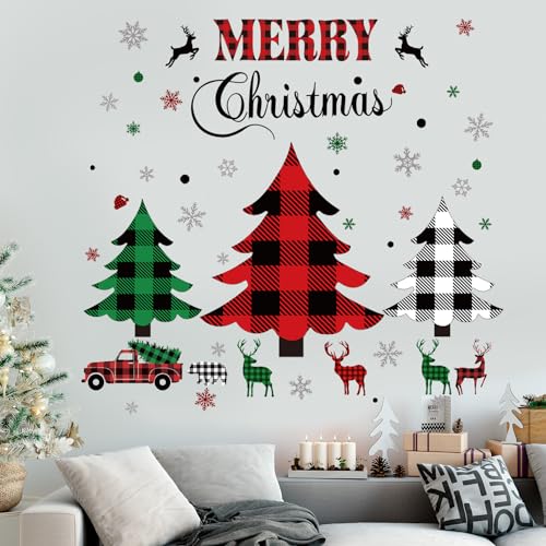 Christmas Wall Sticker Christmas Trees Window Clings Rustic Buffalo Check Plaid Xmas Tree Wall Decal Farmhouse Reindeer Snowflake Wall Sticker Waterproof Truck Wallpaper for Showcase Window Room