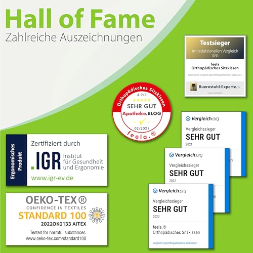 Foto von feela.® Orthopädisches Sitzkissen [3 Härtegrade] TESTSIEGER – Ergonomisches Sitzkissen für Bürostuhl & Auto – Schmerzlindernd, Steißbein entlastend, Sitzkomfort & Durchblutung fördernd (Hart)