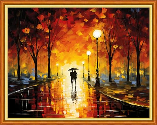 Image of Dimxvean Stamped Cross Stitch Kits,Cross Stitch Kits for Adults Beginners,Embroidery Kits Full Range of Cross Stitch Stamped Kits Needlepoint Kits Cross Stitch Patterns-Romantic Rain Night 16x20 inch
