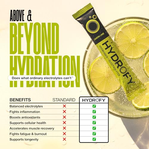 Image of Hydrofy Hydrogen Water + Electrolytes Drink Mix | H2 Hydration Packets with Molecular Hydrogen, Sodium, Potassium, Magnesium, Calcium, and Minerals | No Sugar | Lemon Lime | 25 ct