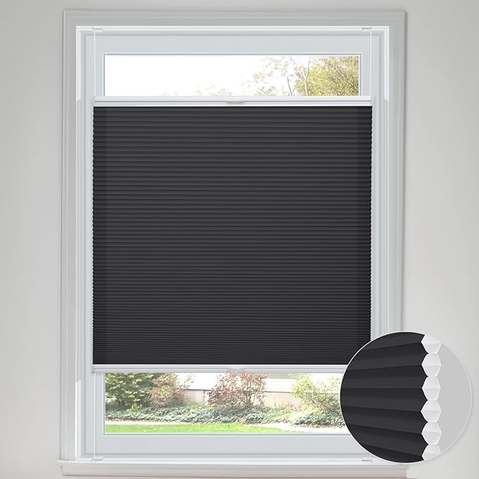 UrMoon Cellular Blinds for Windows, Blackout Insulated Honeycomb Blinds, Top-down Bottom-up Shades, Easy Fit Pleated Shades for Home Office (Light Filtering-Black, 95cm W x 100cm H)
