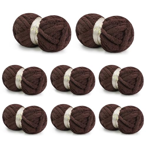 Image of Chunky Yarn for Hand Knitting, Chunky Chenille Blanket Yarn for Crocheting, Bulky Soft Fluffy Chenille for Blanket Project, 8 Pack of 8oz /25yds, Dark Brown