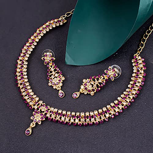 Floral Plated Colour Stone Collar Necklace Set