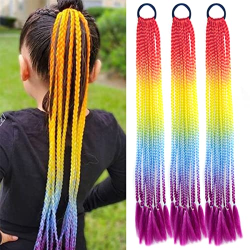 Rainbow Colored Braids Hair Extensions With Rubber Bands Braided Synthetic Hairpieces Ponytail Hair Accessories For Women Kids Girls 24 Inches Party Highlights Cosplay Dress Up #TOP7