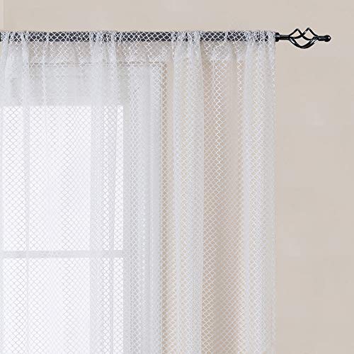 jinchan Sheer Lace Window Curtain Rod Pocket Moroccan Tile Trellis Design for Bedroom Curtain Panels for Living Room One Pair 63 Inch Length White